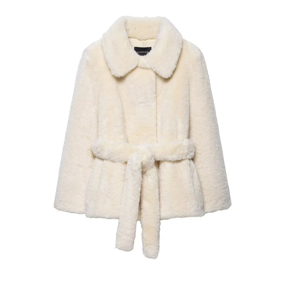 

Women's Fall New Arrival Fluffy Belted Artificial Fur Effect Coat Jacket