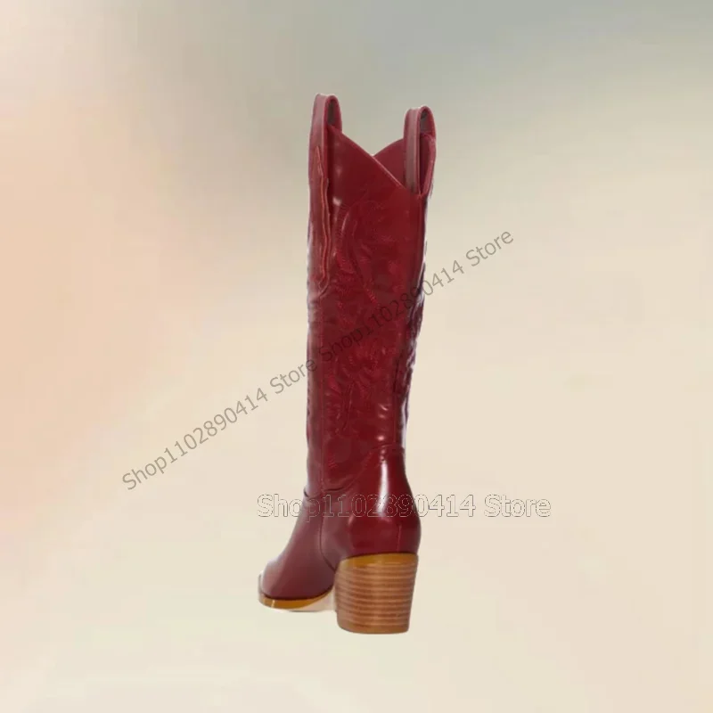 Burgandy Sewing Totem Design Pointed Toe Boots Slip On Women Shoes Chunky High Heels Sexy Fashion Party 2023 Zapatos Para Mujere