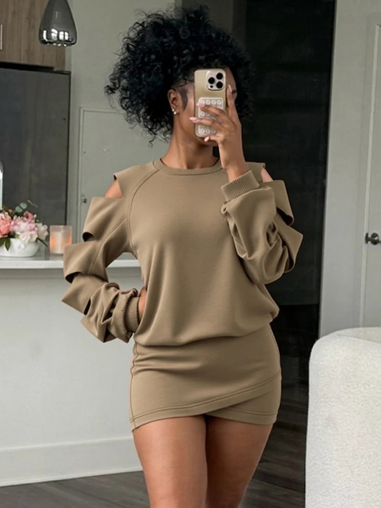 Nibber ストレッチ 2 点セット女性ベーシッククラシック中空 O ネックフルスリーブ Tシャツ + クロススカートスキニーカジュアルトレンドストリートウェア