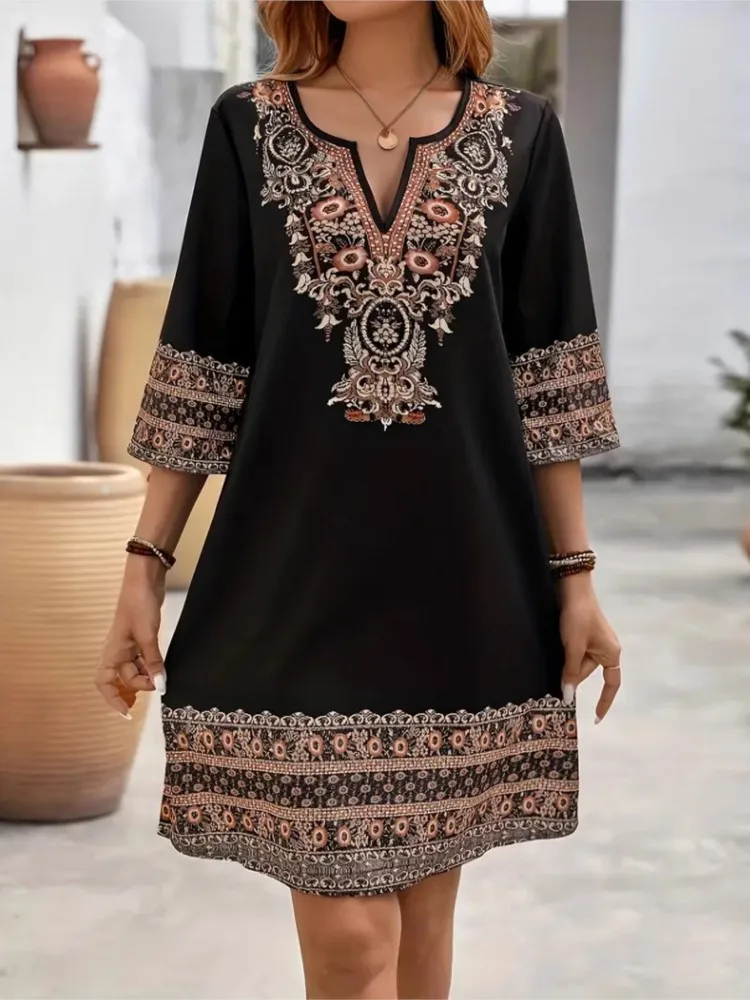 Abito casual con stampa per le vacanze per le donne Moda tre quarti con scollo a V Abiti pullover Lady Boho Vintage Abbigliamento donna Estate Nuovo