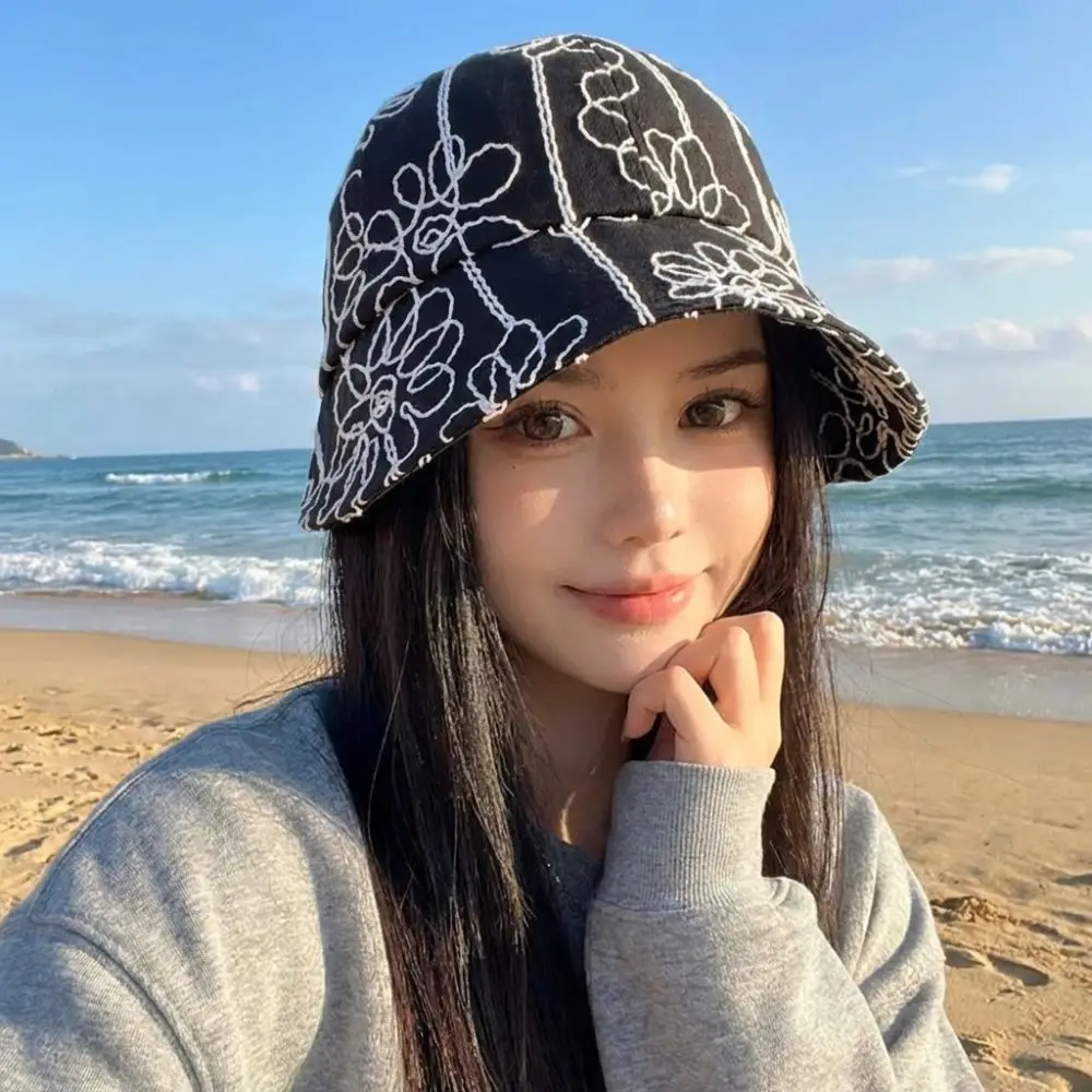 

Fashion Retro Women's Bucket Hat Flower Embroidery Casual Versatile Sun Hat Korean Style Sweet Spicy British Hat For Lady Girl