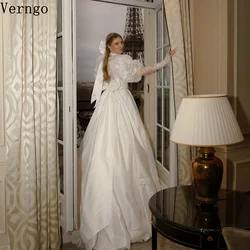 Verngo lvory Lace Wedding Dress Puff Long Sleeves Bride Gowns A Line Princess Floor Length Bridal Dresses Customized