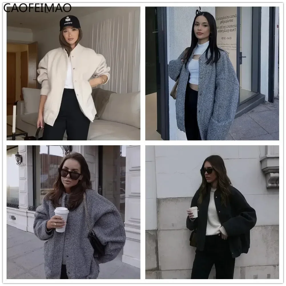 2023 Caofeimao Women Fashion with Pockets Oversized Bomber Jacket Coat Vintage Long Sleeve Snap Button Women Jacket