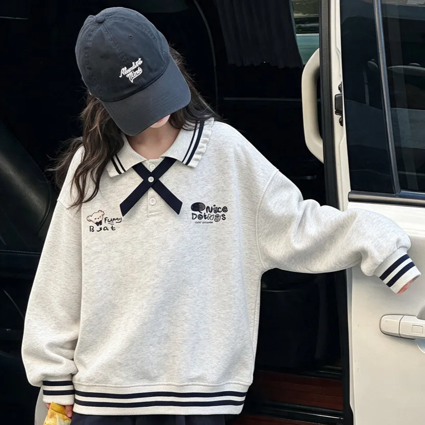 Girls Polo Collar Sweatshirt Cartoon Bear Embroidery with Bow Tie Autumn Cute Children Tops 2026