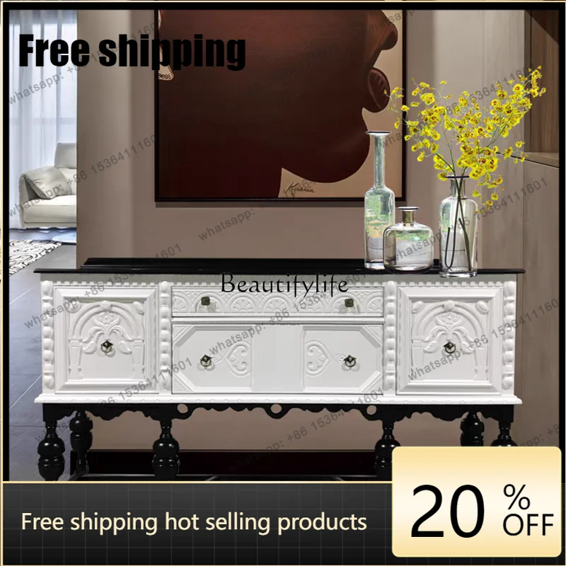 jj5  French Retro Solid Wood Porch Cabinet American Engraved Black Entrance Foyer Decorative Cabinet