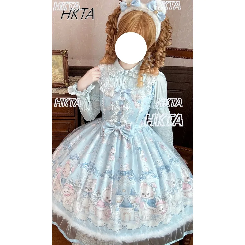 

Sweet 2025, осень-зима, новые платья Лолиты для девочек, каваи, милое мультяшное платье на талии, кружевное плиссированное платье с бантом и летящими рукавами, бальное платье для женщин