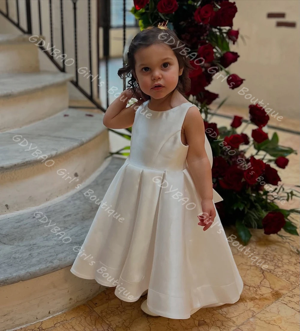 Vestido de niña de flores blanco para boda, vestido de primera comunión hasta el tobillo con espalda descubierta y lazo de satén, vestido de fiesta personalizado