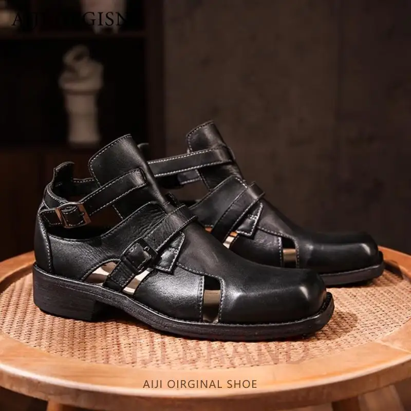 

Handmade Men High-top Sandals Genuine Leather Retro Hollow Luxury Gladiator Shoes Outdoor Premium Square Toe Hiking Sandals