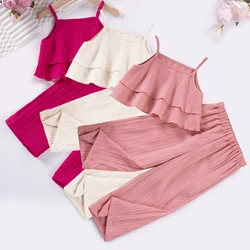 Summer Kids Clothes Girls, Solid Color Shoulder Strap Pants Wave Stripe Set,  Daily Fashion Set Girl Casual Fashion Set