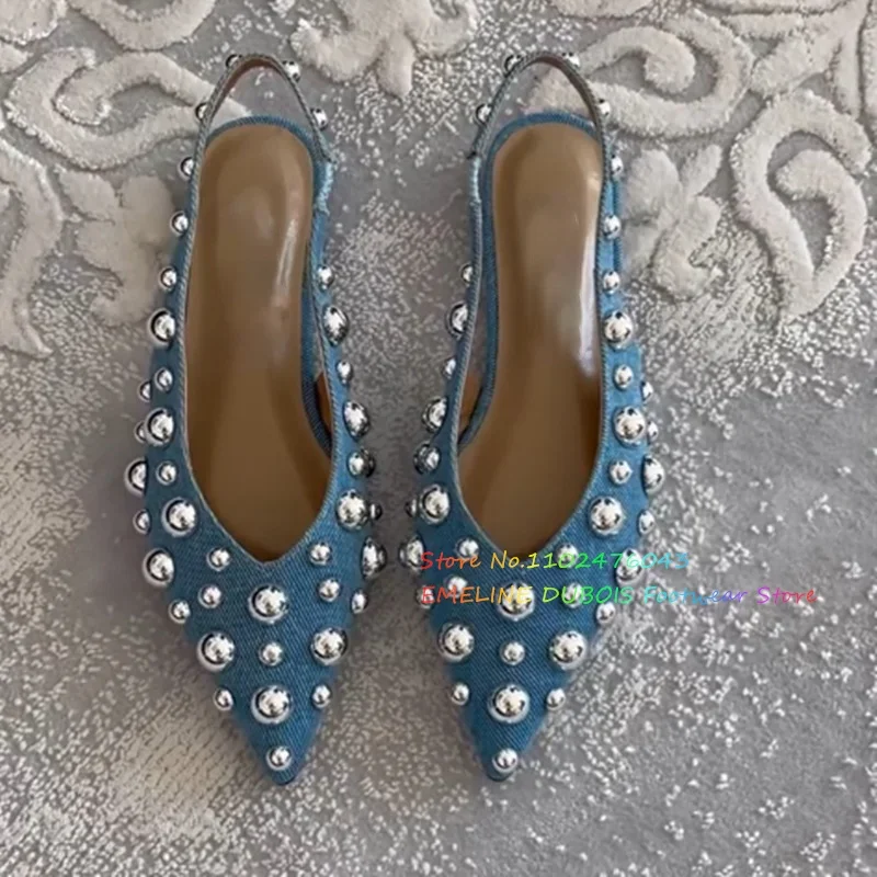 

Blue Denim Bead Decoration Pumps Women Pointy Toe Slip On Solid Color Slingback Flat Shoes Ladies Summer New Handmade Sandals