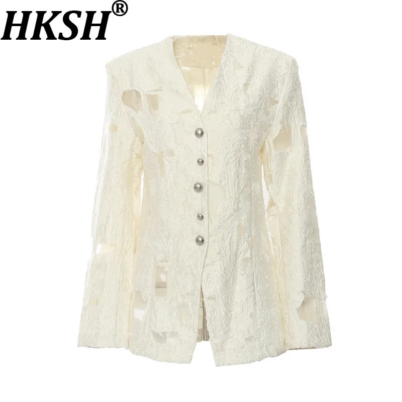 

HKSH Autumn New Women Coat V-neck Single Breasted Long Sleeved Niche Design Distressed Sheer Jacquard Luxury Chic Jacket HK12337