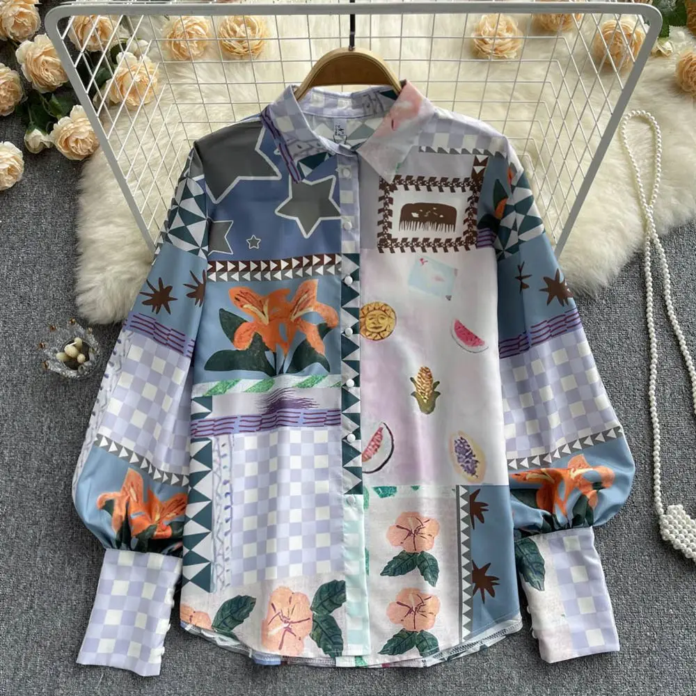 

SuperAen Свободная рубашка с длинными рукавами в европейском и американском стиле с принтами, милый элегантный дизайн, повседневные рубашки с воротником с лацканами