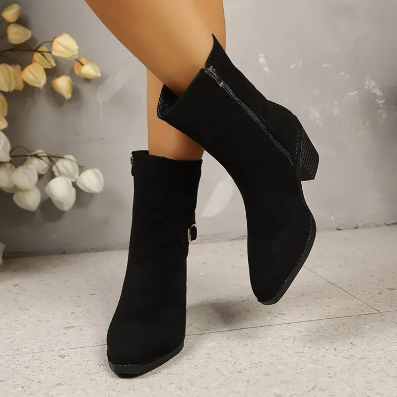Women's Ankle Boots Pointed Toe Mid Block Heel Suede-Look Texture Side Zipper Buckle Strap Stable Structure Design Everyday Wear