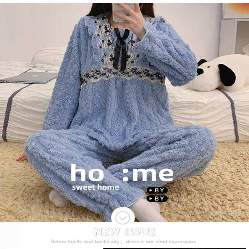 5XL Plus Size Coral Fleece Pajamas Women\'s Autumn/winter Thickened Flannel Home Clothes Loose Loungewear Suitable for Outerwear