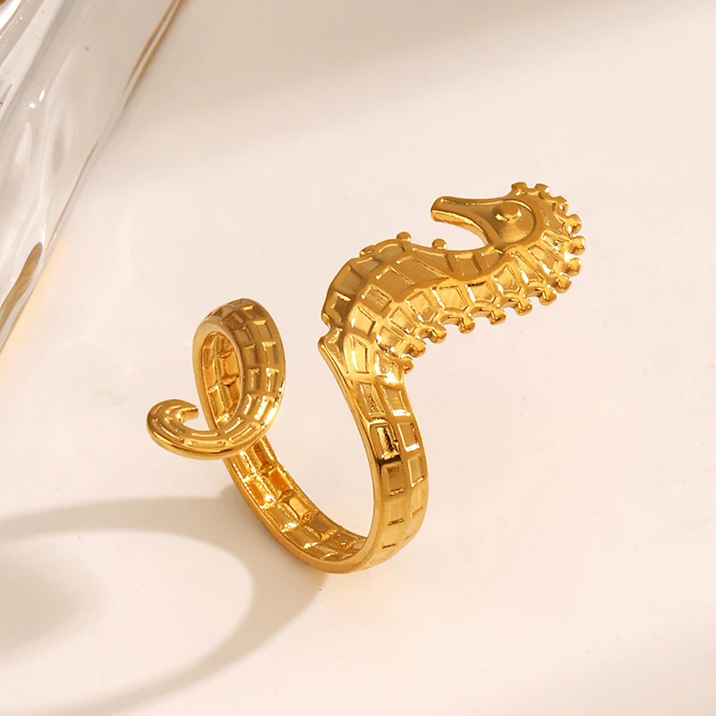 Sea Beach Stainless Steel Sea Horse Design Open Ring ​Light Cozy ​Women Charm 18K PVD Plated Waterproof Stylish Jewelry Gift image 2