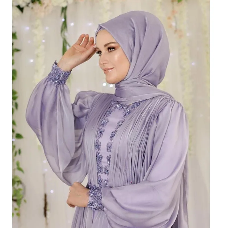 Gaun Prom putri ungu Muslim 2023 gaun acara bermanik tangan lengan panjang leher tinggi jubah gaun malam