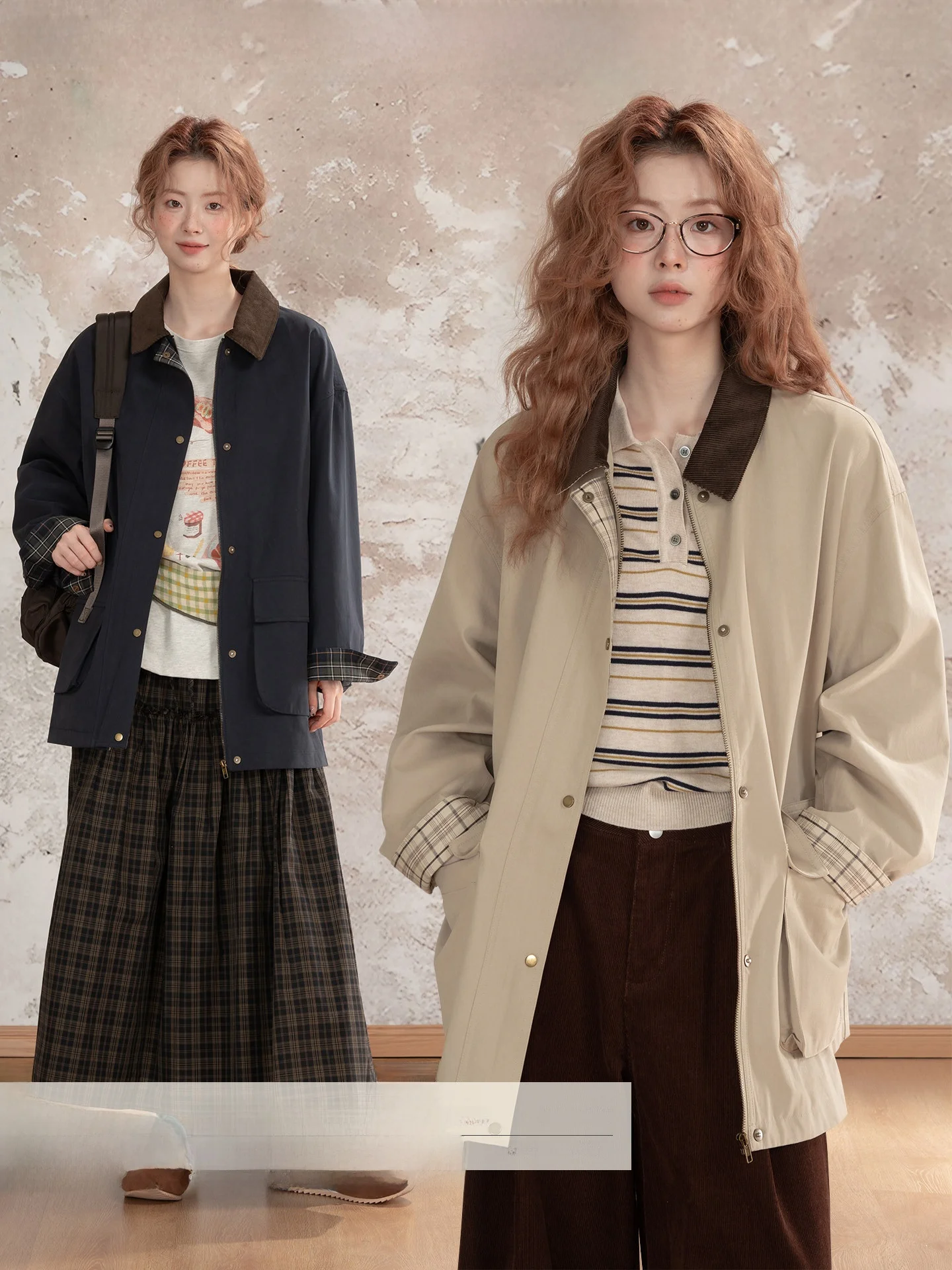 

Loveheynew Women's Casual Workwear Jaet Long Collar Patchwork Windproof Loose Fit Autumn Top Button Closure Long Sve Coat