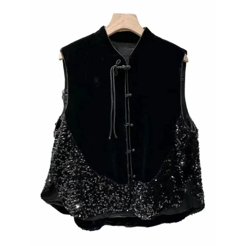 Chinese Style Buckle Vest Jacket Velvet Shining Autumn Premium Sleeveless Coat Women 2024 Shoulder Jacket Black XXL Fashion