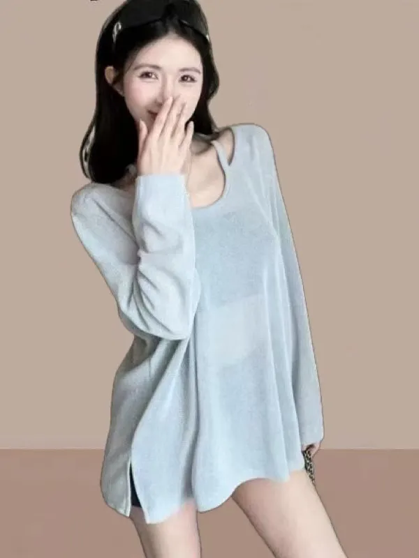 Trendy oulder-baring Lazy Sle Women's Long Sve Sun Protection irt Loose Fit Commute Sle round Ne Regular Length