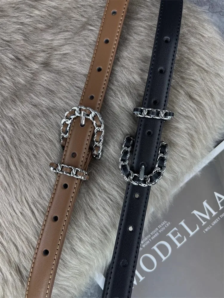 Women's Vintage Buckle Genuine Leather Corset Female Cummerbund Coat Waistband Dress Decration Narrow Belt  J046