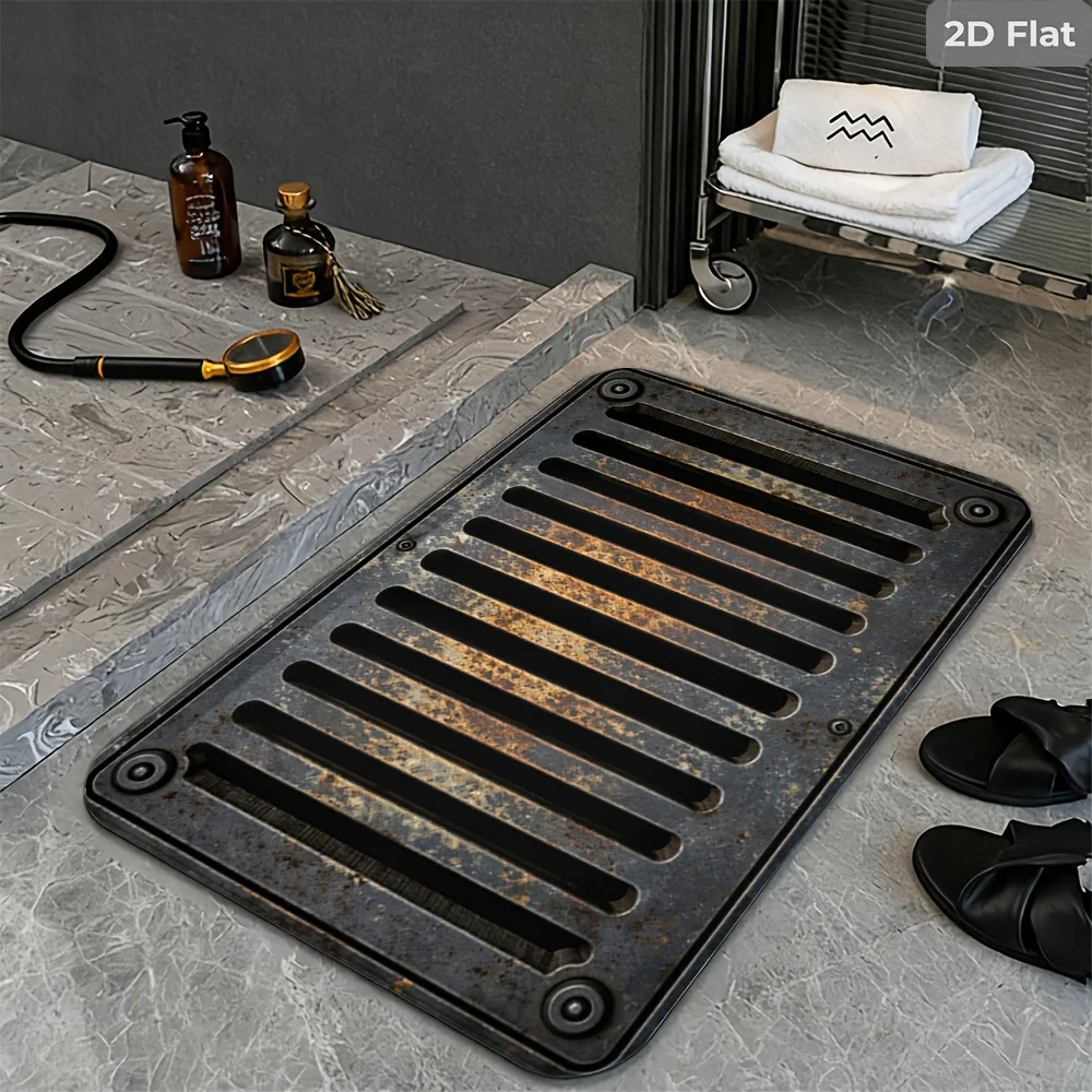 Industrial Metal Grille Pattern Area Rug, Non-Slip Washable Floor Mat for Bathroom Kitchen Entryway, Modern Home Decor Carpet