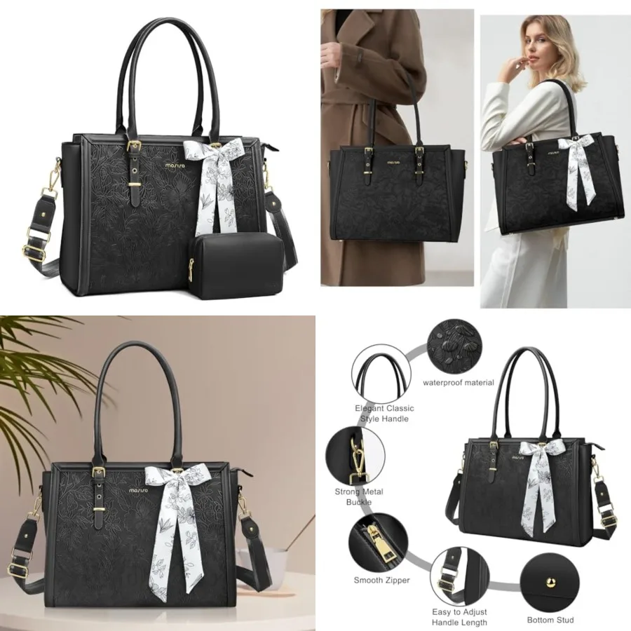 Laptop Bag for Women, 15.6- PU Leather Tote Bag Compatible with MacBook, HP, Dell, Asus Notebook, Front Embossed Retro Hibiscus