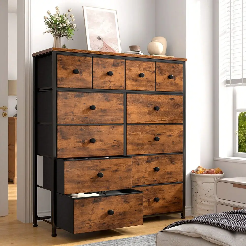 

Dresser For Bedroom With 12 Fabric Drawers, Tall Dresser With Wooden Top Metal Frame, Bedroom Dresser, Dressers Chests Of Drawer
