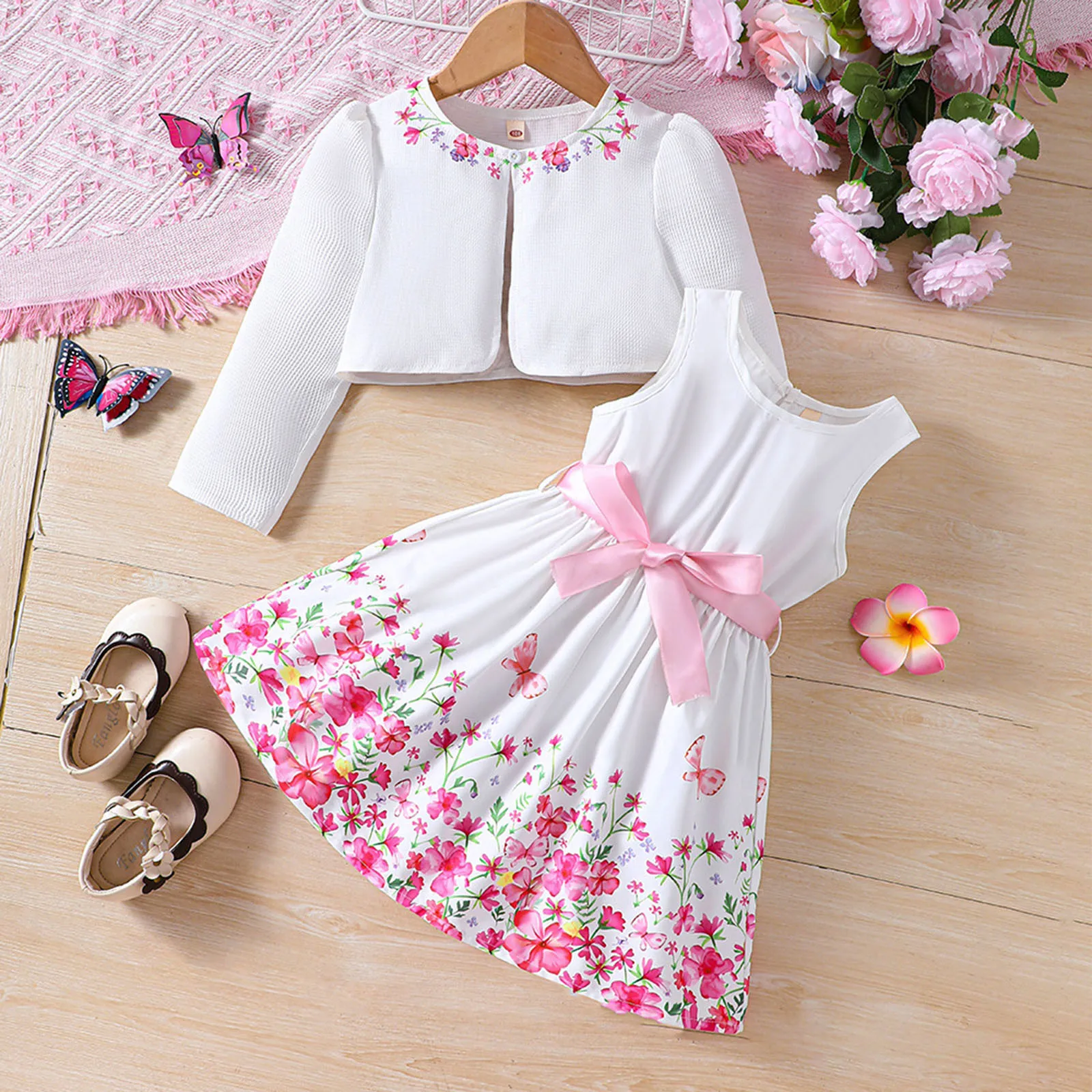 2024 New Summer Clothing Set For Girls 1-5 Years Long Sleeve O Neck Coat Floral Print Sleeveless Dress 2 Pcs Outfits Clothes Set