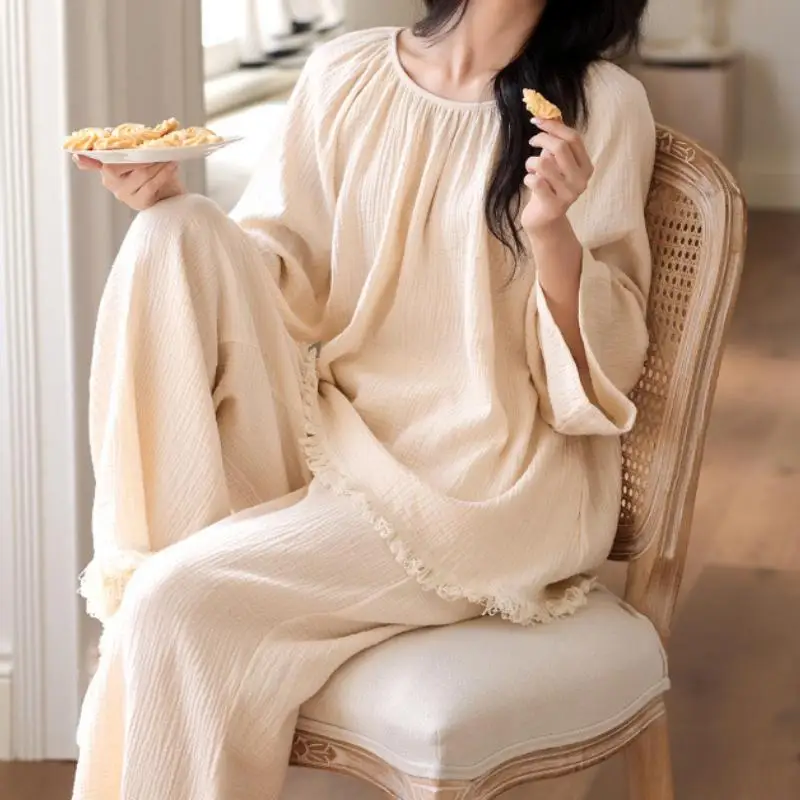 Women's Long Sleeved Long Pant Pajama Set for Students Spring Autumn New Styles Japanese Loose Home Clothes Cotton Two-Piece Set 4