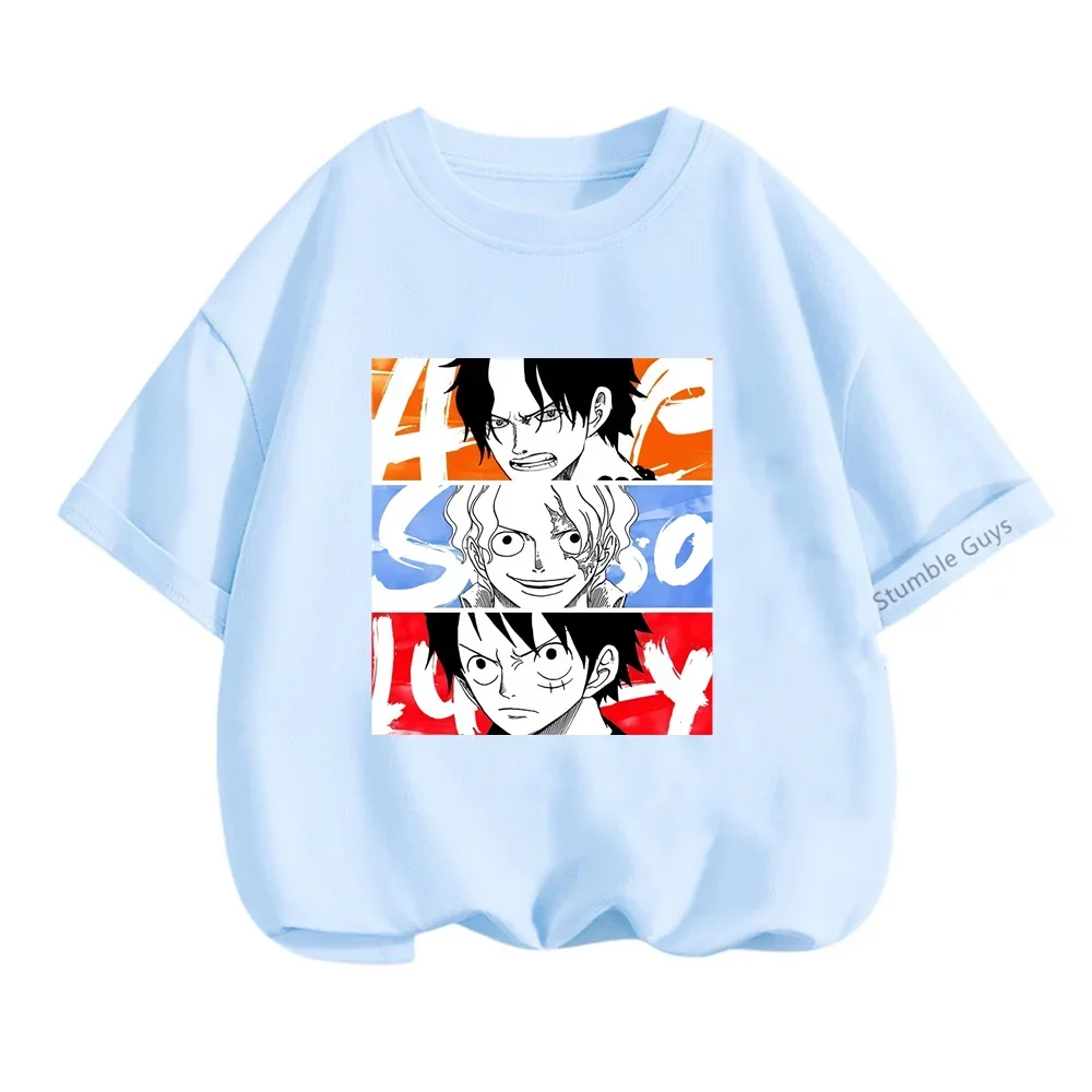 Japanese Anime One Pieces Short Sleeve New Luffy Gear 5 T-shirt Kids Casual Cartoon Teen Tops Summer Boys Clothes Girls