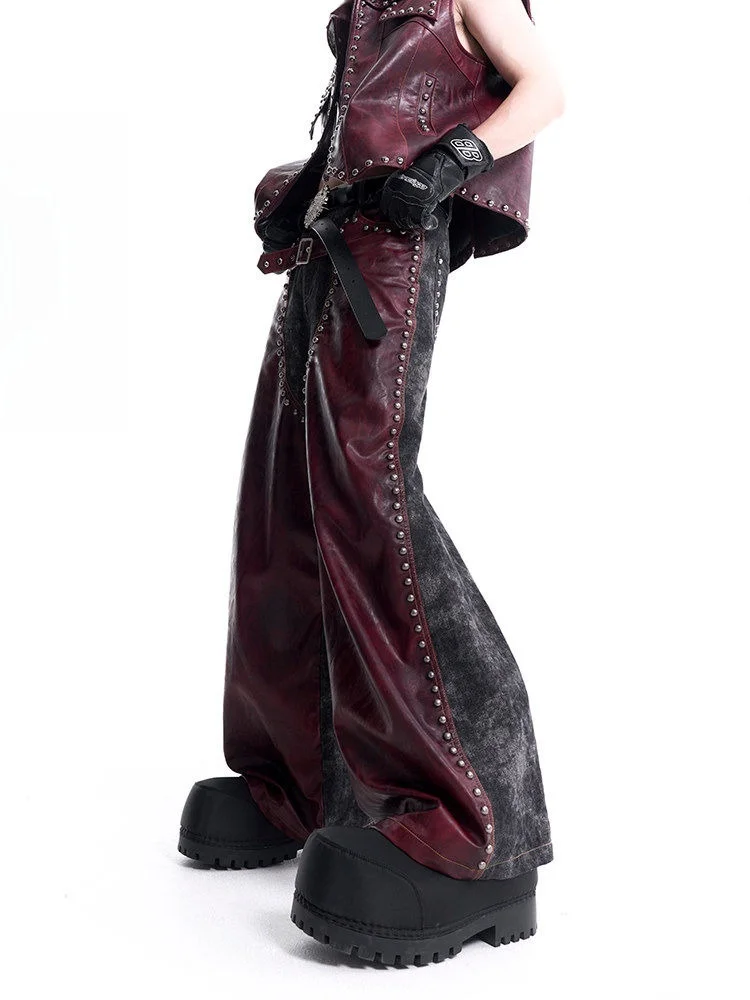 

StarTexceedend Men's Casual Straight Leg Jeans Metal Rivet Heavy Du PU Leather Patchwork mid High Waist Youth Faion