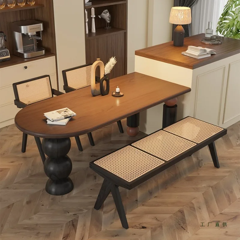 

French antique solid wood dining table and chair combination semicircular island platform against the wall small