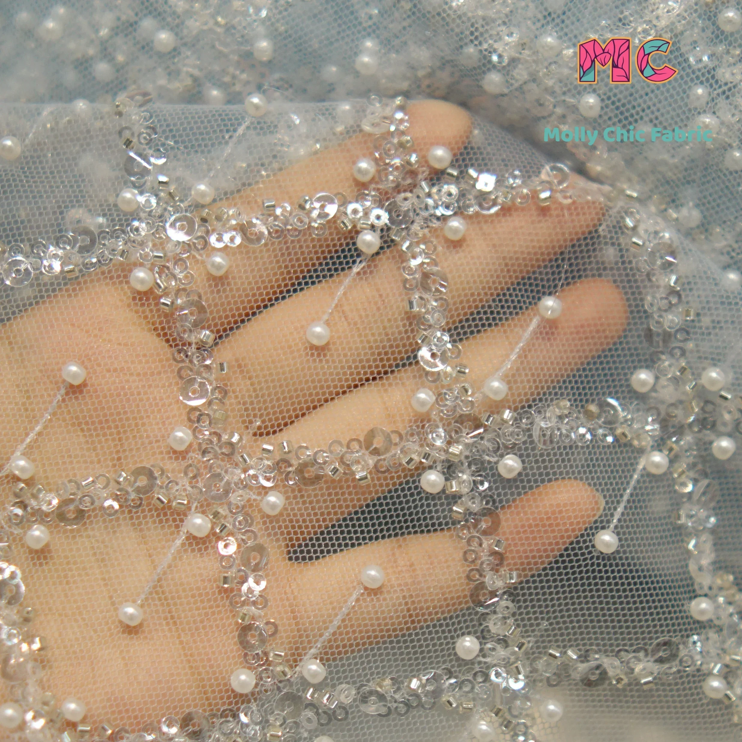 

New Crystal Sequins Small Pearls Embroidered Lace Fabric Sewn Wedding Dresses Evening Gowns DIY Fabrics For Sewing