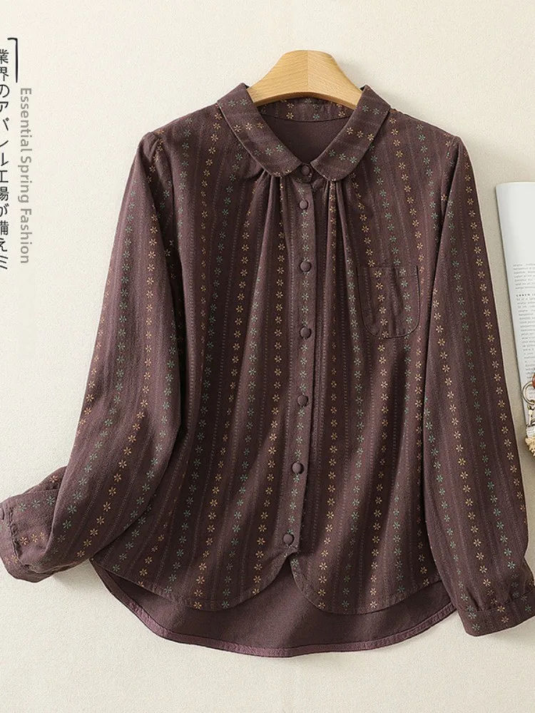 Retro Japanese Style Double Layer Cotton Floral Striped Shirt Women Early Autumn Elegant Ageless Quality Doll Collar Top