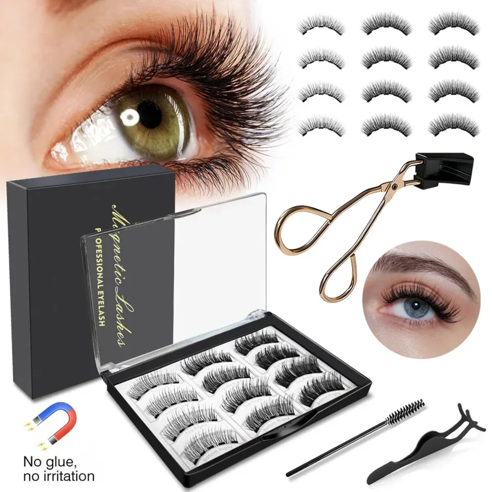 12 pares de pestañas magnéticas reutilizables de aspecto natural 3D, kit sin pegamento, gruesas y voluminosas, autoadhesivas para mujer, perfectas para uso diario, fiestas, viajes, bodas, regalo de maquillaje 8