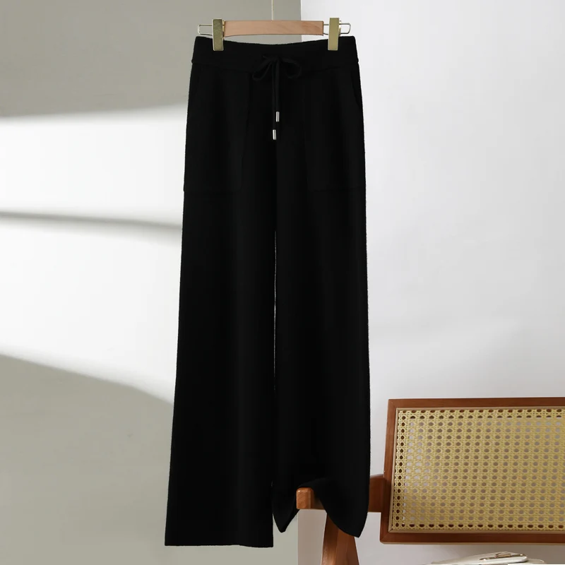 Fashion Women's Wool Wide Leg Pants Autumn Winter Warm Smart Casual Elasticity Waist Trousers 100% Merino Wool Knit Pants