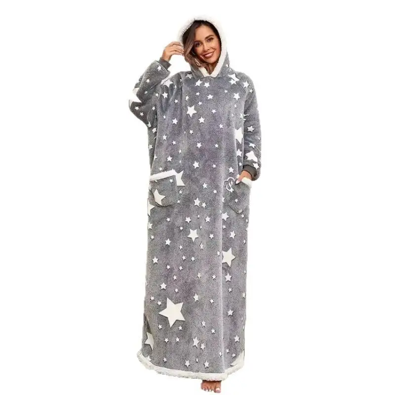 Women Extra Long Hooded Blanket Robe Home Wear Flannel Nightgown Winter Warm Kimono Gown Loungewear Bathrobe Cloak Sleepwear
