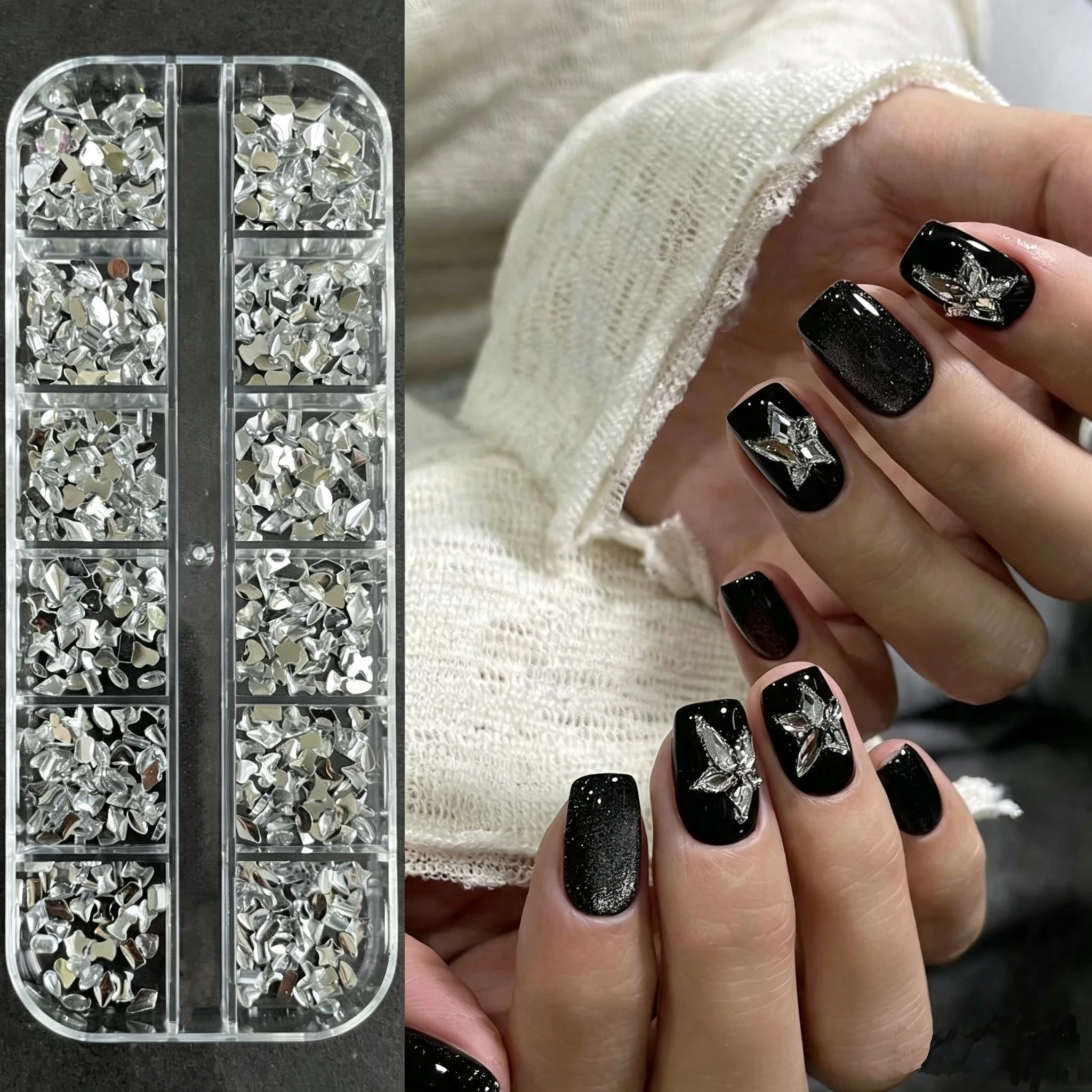 12-Grid Glass Shaped Rhinestone Set, Perler Bead DIY Sparkle Nail Art Diamonds Multi-purpose Decor Accessories Mixed Handmade