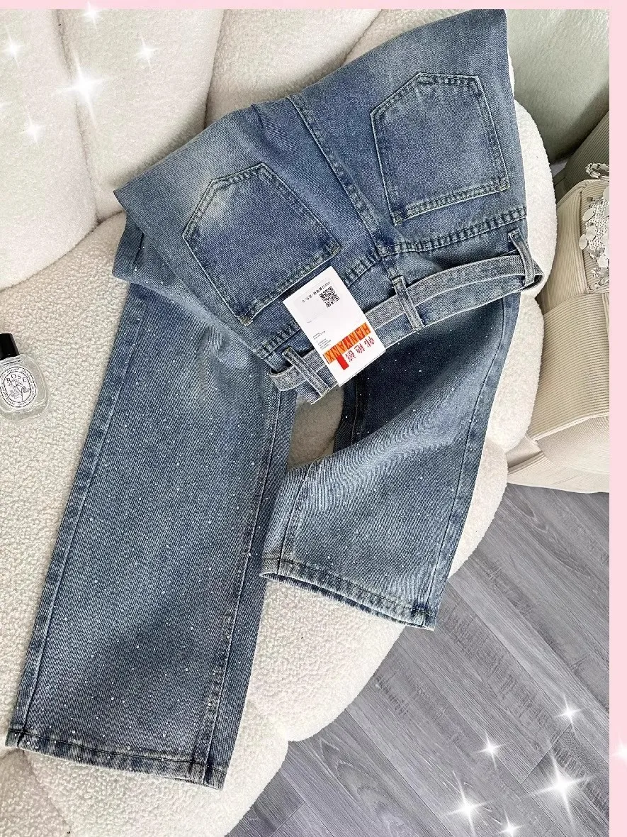 Heavy Du Strass Taille Wijde Pijpen Jeans Casual Hoge Taille Rechte Cut Denim Broek voor Vrouwen Lente Herfst plus Size Slanke...