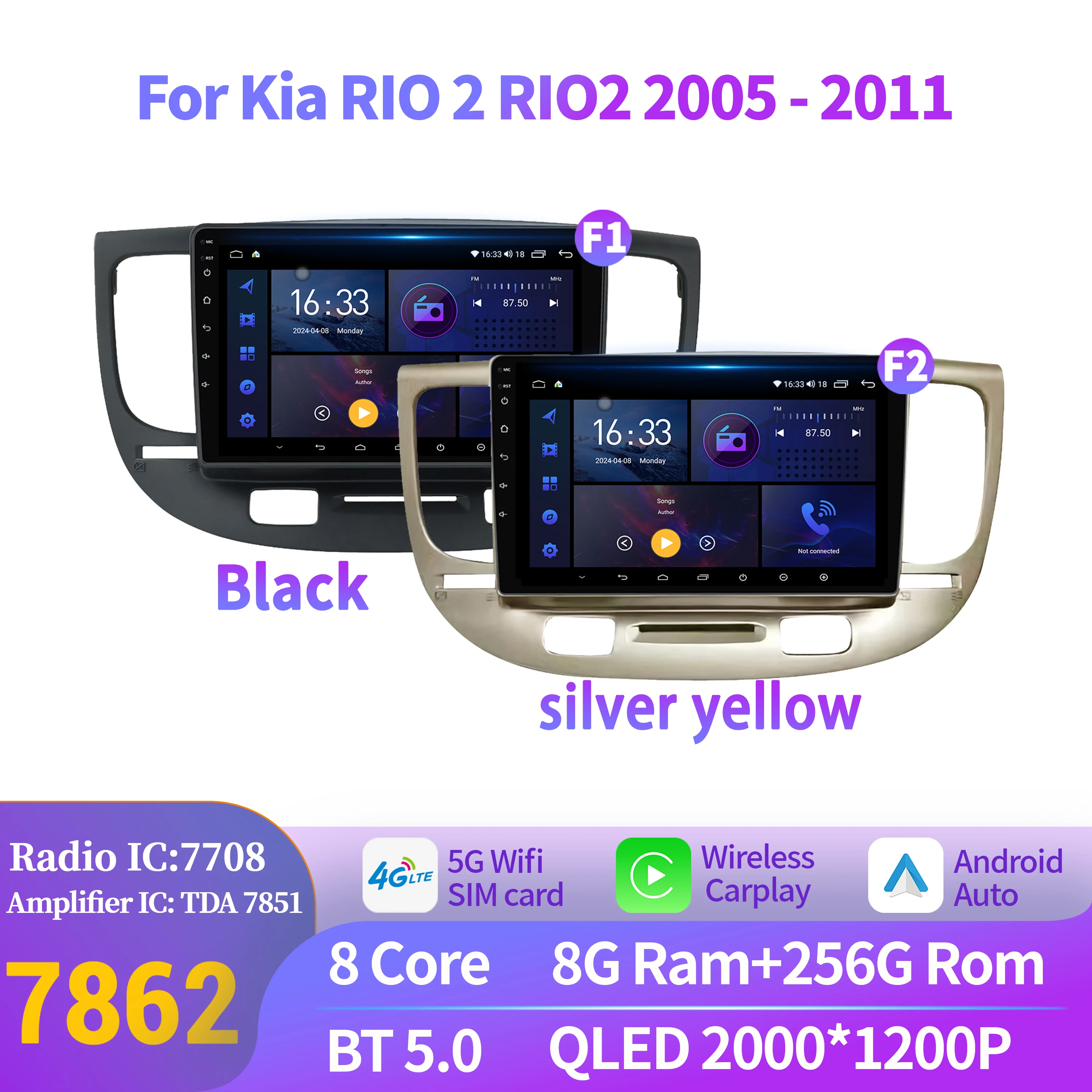 

For Kia RIO 2 RIO2 2005-2011 Wireless BT CarPlay Android 14 Radio Car Multimedia 7862S 8G 256G Touch 2K QLED Screen Stereo
