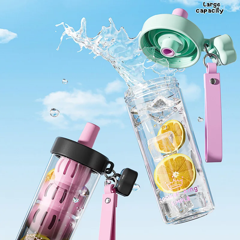 COOKER KING Tritan Straw Water Cup Leak-proof Fruit Tea Cups with Spherical Tea Infuser Summer Cold Drink Plastic Mug for Travel