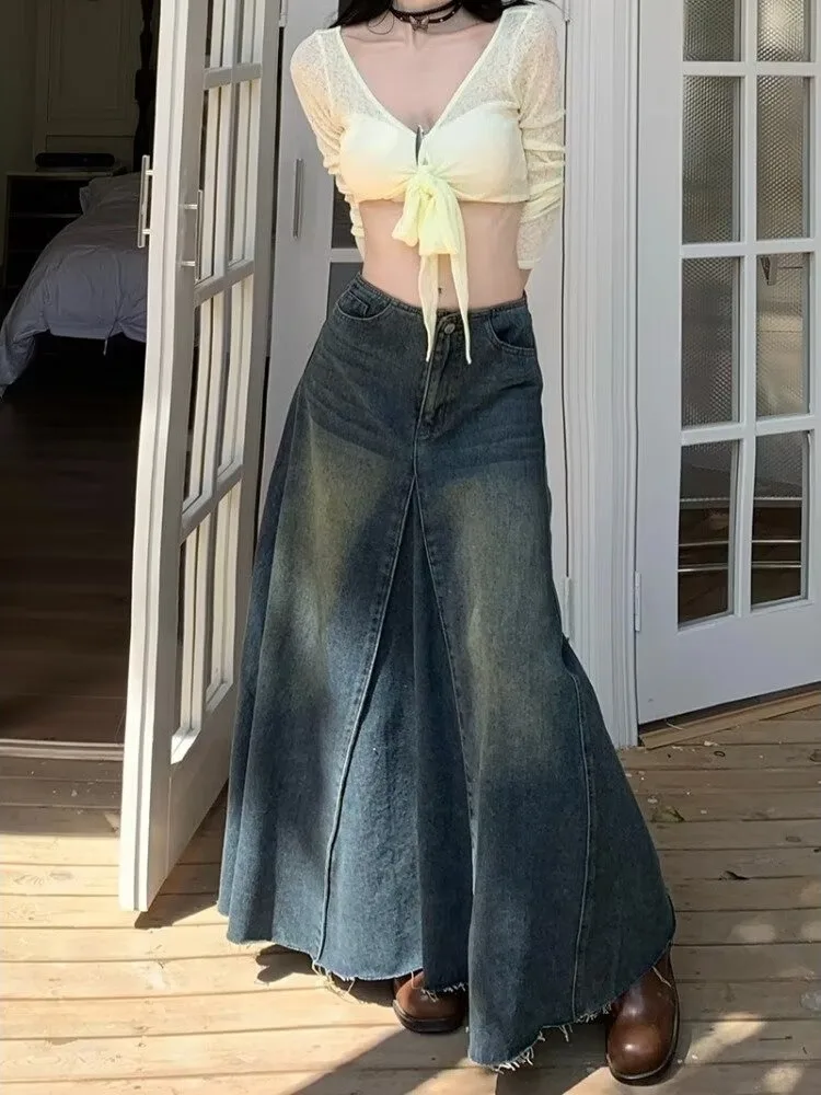 American Retro High Waist Denim Skirt Women's Casual A-Line Long Skirt with Fringe Slimming Effect Autumn New Style