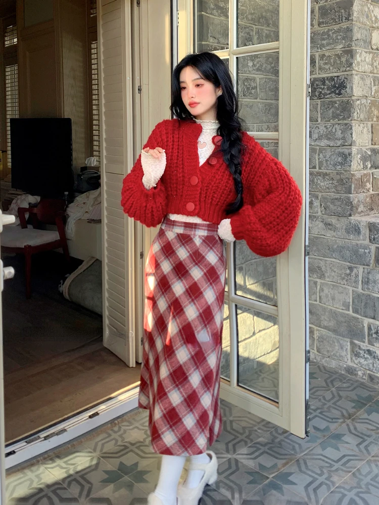 2024 Spring New Sweet 3 Piece Skirt Set Women Office Lady Short Knitted Cardigan + Casual Slim Vest + Y2k Retro Plaid Midi Skirt