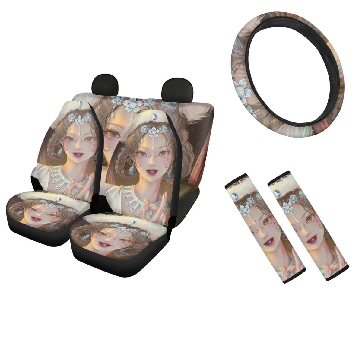 Ghost Knife Character Car Seat Cover Anime Beautiful Steering Wheel Cover for Women Comfortable Shoulder Strap Pads Protect Neck