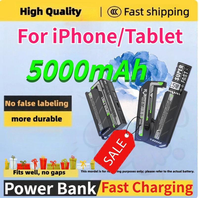 

Power Bank 5000mAh Detachable Battery Fast Charging Portable External Battery Powerbank Charger for iPhone/Tablet
