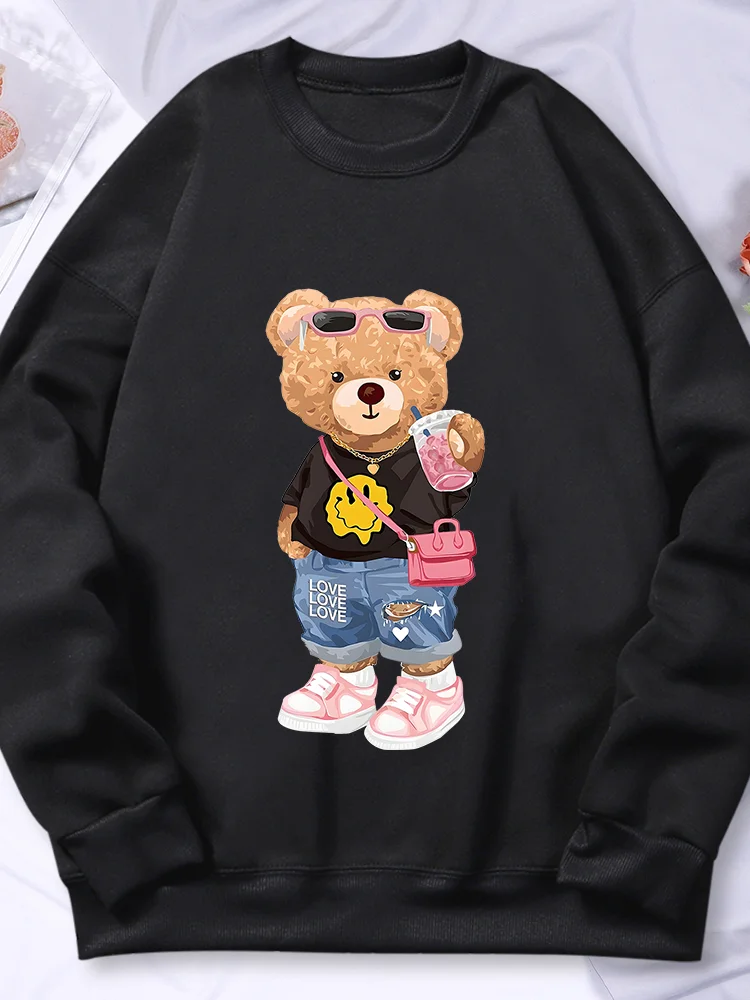 Bear Sister Drinking Milk Tea Printing Women'S Hoody Autumn Warm Fleece Sweatshirt Casual Hoodies Hip Hop Loose Pullovers Top