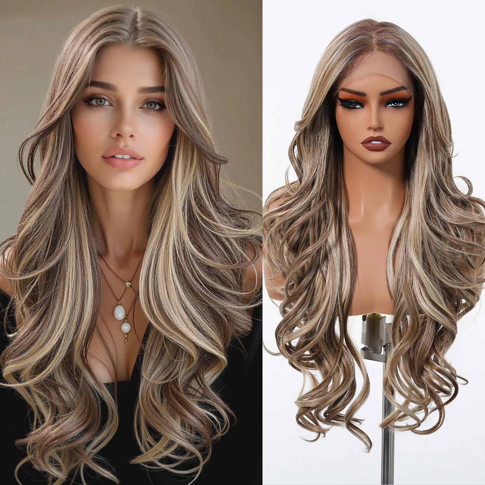 

Long Layered Hair Brown Blonde Highlights 13*4 Lace Front Wigs For Women Daily Cosplay Body Wave Synthetic Wig High Temperature