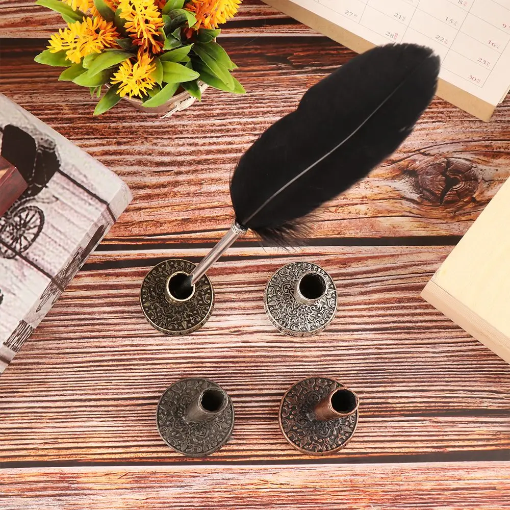 1pc Gift School Office Supplies Round Base Writing Accessories Pen Holder Vintage European Style Metal Pen Clips