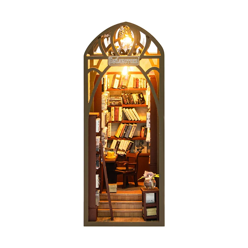 

DIY Miniature Library Book Nook Kit, Wooden 3D Puzzle Building Model with LED Light, Montessori Educational Toy & Creative Gift