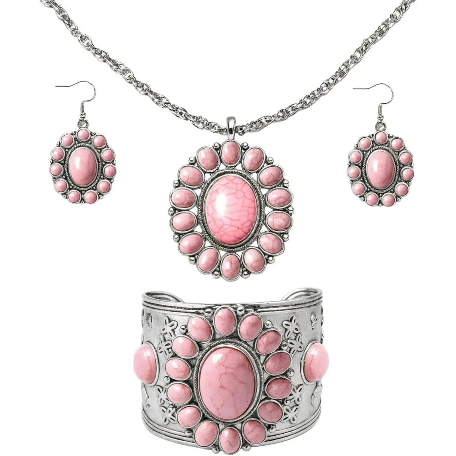 

Bohemian Turquoise Necklace Set Women's Western Jewelry with Long Choker Pendant Dangle Earrings Layered Bracelets Adults Gift